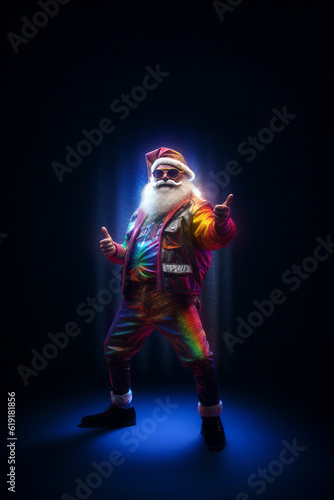 Trendy Santa Claus in fluorescent clothes illuminated by neon lights on a dark background. Concept of Christmas and New Year celebration and party, Luminous colors. Generative AI. © lagano