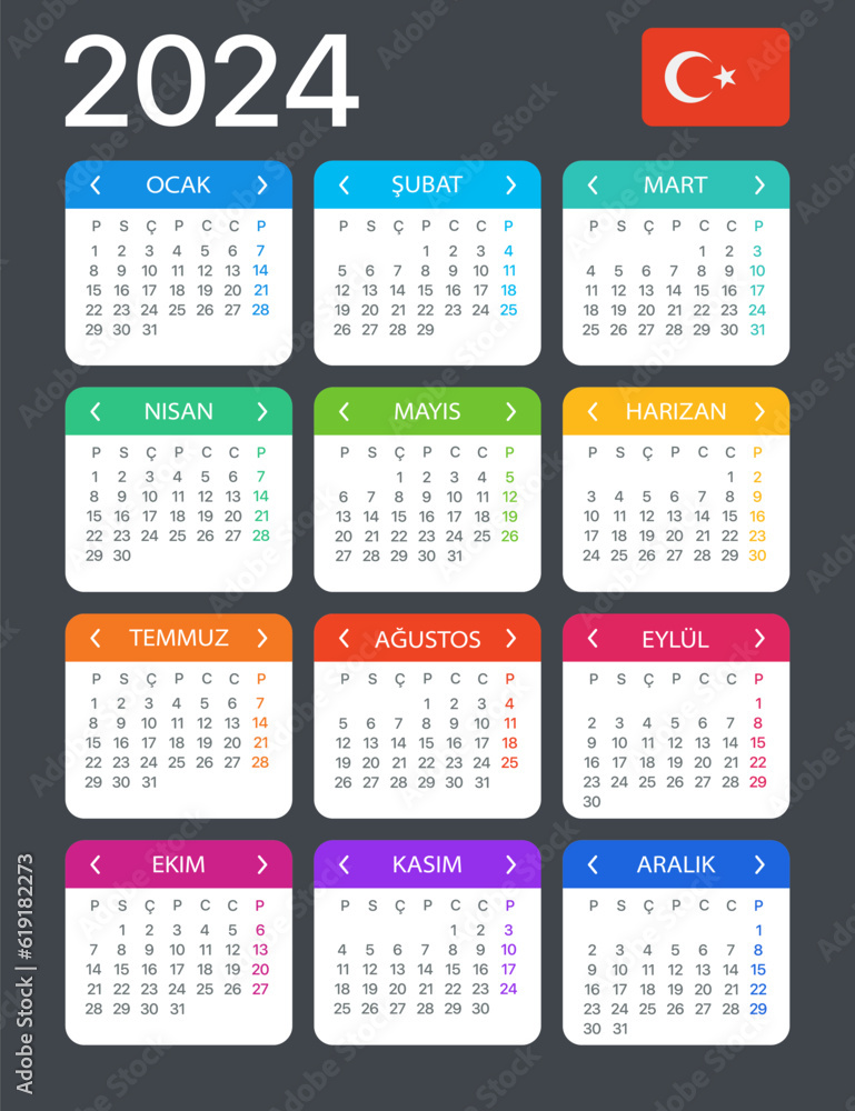 2024 Calendar - vector template graphic illustration - Turkish version 2024 Calendar - vector template graphic illustration - Turkish version