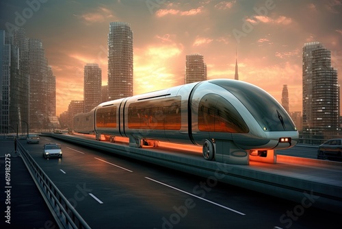 Urban mobility future - tram, metro, subway in futuristic city. Generative AI. 