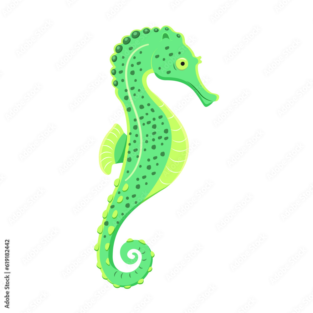 Fototapeta premium Bright green seahorse. Tropical underwater animal. Vector illustration of hippocampus isolated on white background