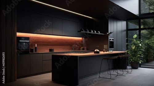 interior, black kitchen, front view, warm light, minimalist style, dark grey handle. Generative AI.
