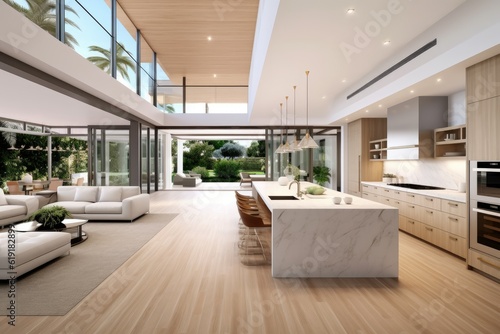 Kitchen interior mockup overlooking family room, white and beige modern, beech wood floors, luxury. Generative AI.