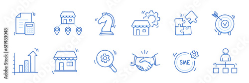 Business sme doodle icon set. Small, medium enterprise business hand drawn doodle sketch style icon. Local partnership, economic strategy, franchise concept. Vector illustration.