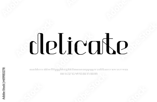 Elegant beautiful alphabet serif font, classic lettering perfect for logotypes, invitations, or design, set including two sets of differently lowercase letters and numbers, vector illustration 10EPS