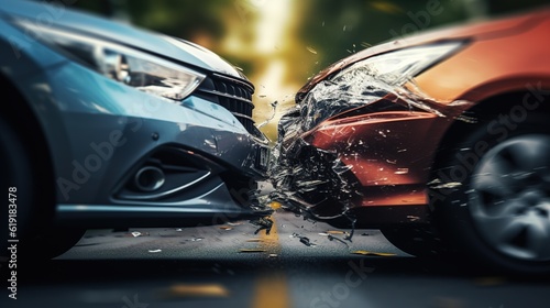 Accident of two cars on the road close-up. AI generation © dwoow