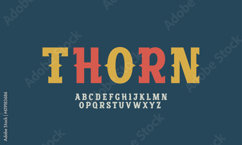 Retro alphabet thick font, for your old design made angled serifs bevel type with thorn, vector illustration 10EPS