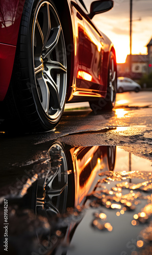 red sports car rim reflecting in a puddle after a downpour