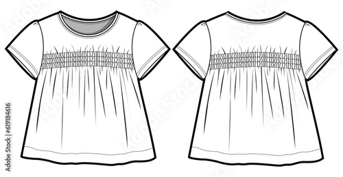 Kids Girl's Round Neck Smocked Short Sleeve Frock Dress  Front and Back View. Fashion Illustration, Vector, CAD, Technical Drawing, Flat Drawing, Template, Mockup.	