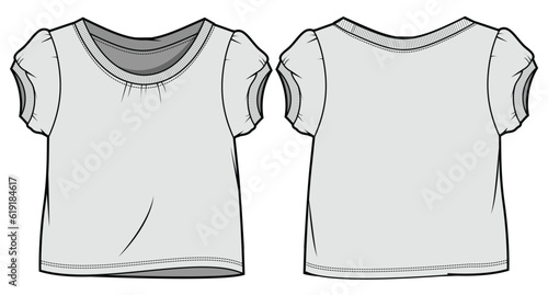 Kids Girls Puff Sleeve T-Shirt Top Front and Back View. Fashion Flat Sketch Vector Illustration, CAD, Technical Drawing, Flat Drawing, Template, Mockup.