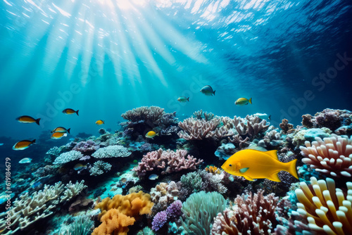 Underwater view of vibrant coral reefs and exotic marine life with beautiful natural ocean background. Wildlife concept of ecological environment. Generative AI © mikhailberkut