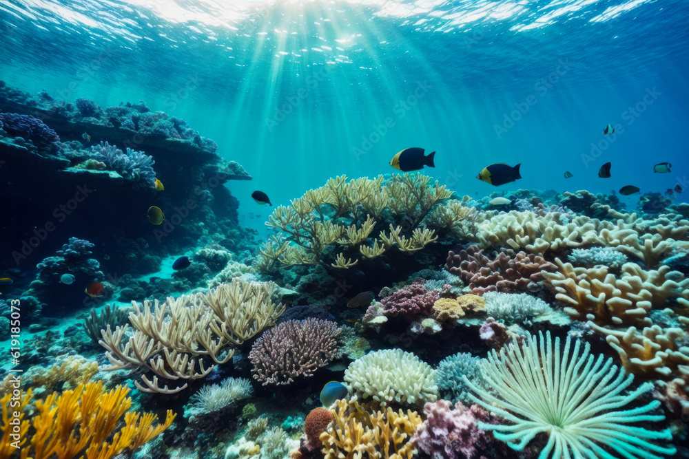 Underwater view of vibrant coral reefs and exotic marine life with beautiful natural ocean background. Wildlife concept of ecological environment. Generative AI