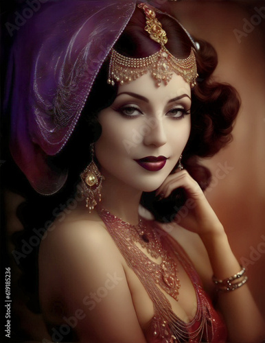 Lady Portrait Burlesque Showgirl Vintage Black and White Colorized Version Generated AI Photography Color Faces of People Antique Old Photos Woman Smiles Smiling Sensual Makeup Female Model