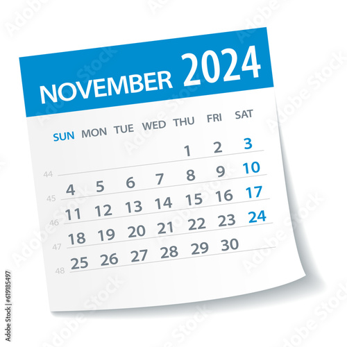 November 2024 Calendar Leaf. Week Starts on Monday. Vector Illustration