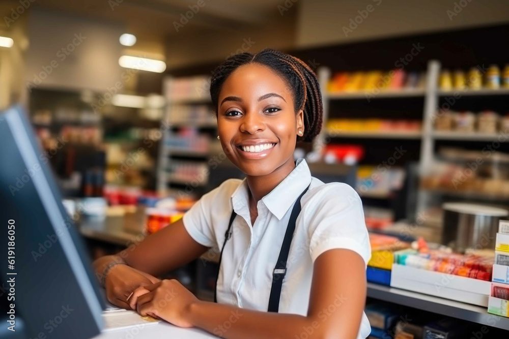 African American Cashier in Grocery Store. Generative AI