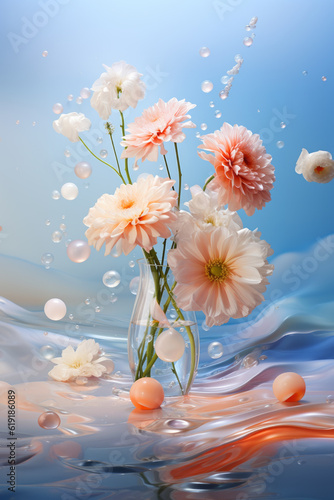 Surreal floral composition with fresh flowers in a glass vase surrounded by bubbles. Generative AI.
