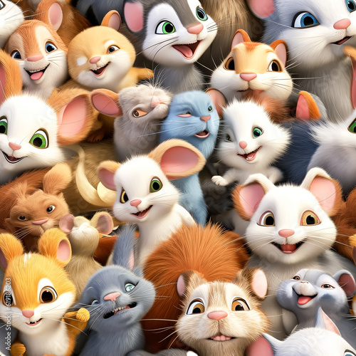 Seamless pattern with a bunch of fluffy cartoon animals sitting tightly on top of each other. AI generated.