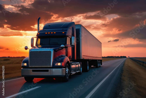 Truck and Trailer Driving into the Sunset. Generative AI
