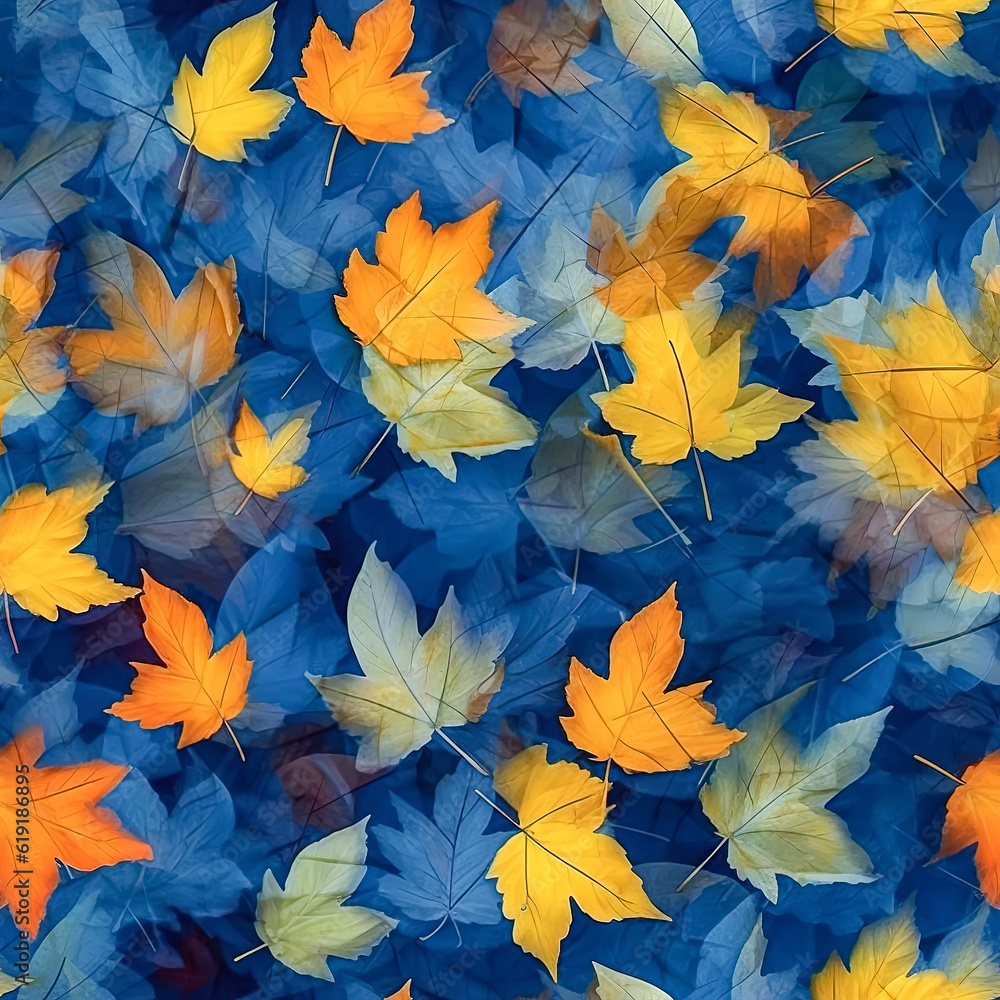 Seamless pattern of multi-colored autumn leaves. AI generated.