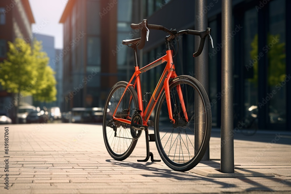 Bike parked against a city bike rack Generative AI Bike parked against a city bike rack Generative AI