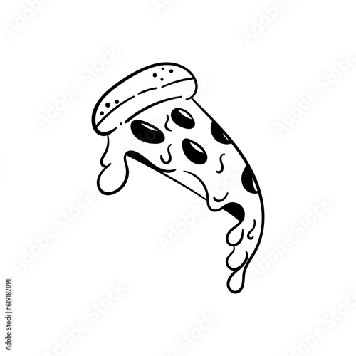 A slice of pizza with melted mozzarella cheese. Hand drawn icon black and white vector drawing illustration