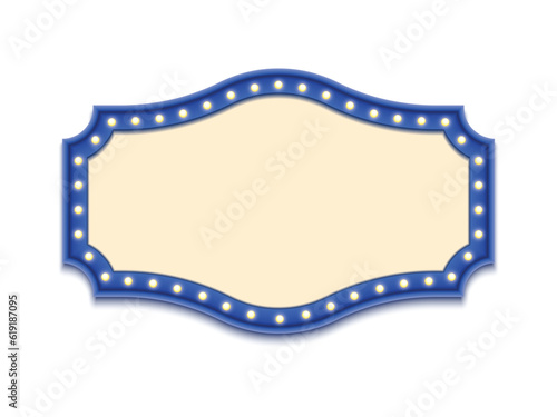 Antique shape marquee vintage 3d lightbox with glowing bulb. Blue color retro frame design vector illustration.