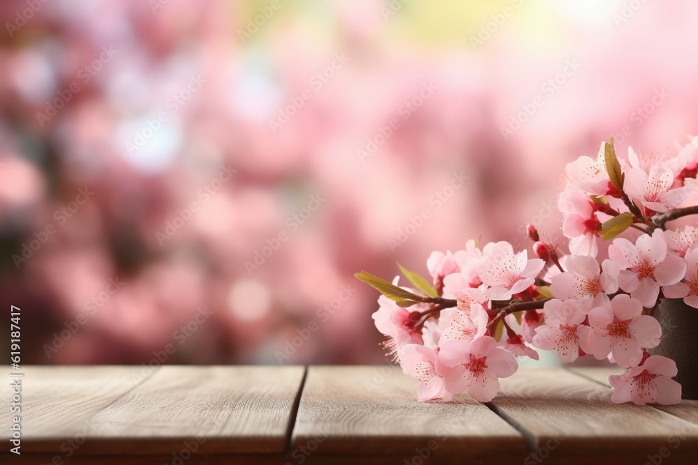 Blossoming sakura cherry tree background with empty wooden table for product display, spring nature blurred background Generative AI