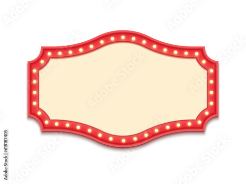 Antique shape marquee vintage 3d lightbox with glowing bulb. Red color retro frame design vector illustration.