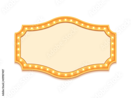 Antique shape marquee vintage 3d lightbox with glowing bulb. Yellow color retro frame design vector illustration.