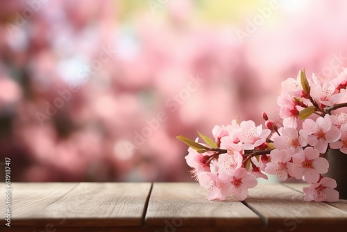 Blossoming sakura cherry tree background with empty wooden table for product display  spring nature blurred background Generative AI