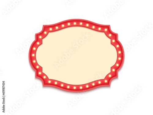 Antique shape marquee vintage 3d lightbox with glowing bulb. Red color retro frame design vector illustration.