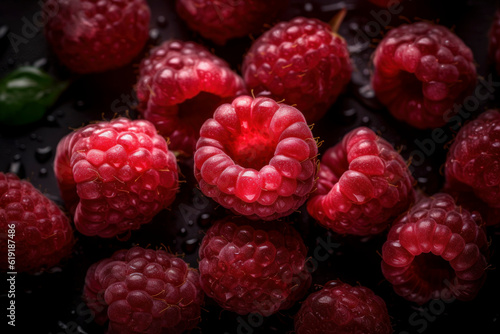 Fresh Raspberries seamless background, adorned with glistening droplets of water. Top down view. AI Generated