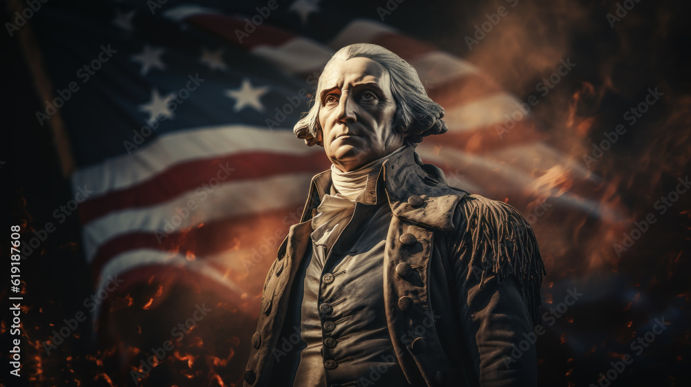 Statue of George Washington with American flag in the background created with generative AI technology Statue of George Washington with American flag in the background created with generative AI technology