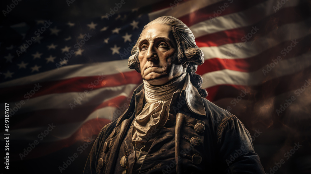 Statue of George Washington with American flag in the background created with generative AI technology Statue of George Washington with American flag in the background created with generative AI technology