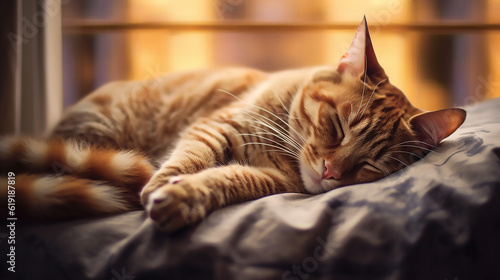Happy time cute cat sleeping on the bed with blured morning light backgounds, Generative Ai