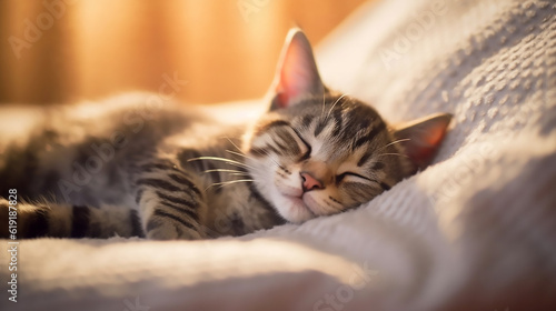 Happy time cute cat sleeping on the bed with blured morning light backgounds, Generative Ai