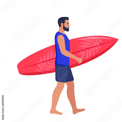 Young man walks with a surfboard towards the sea. Vector illustration.