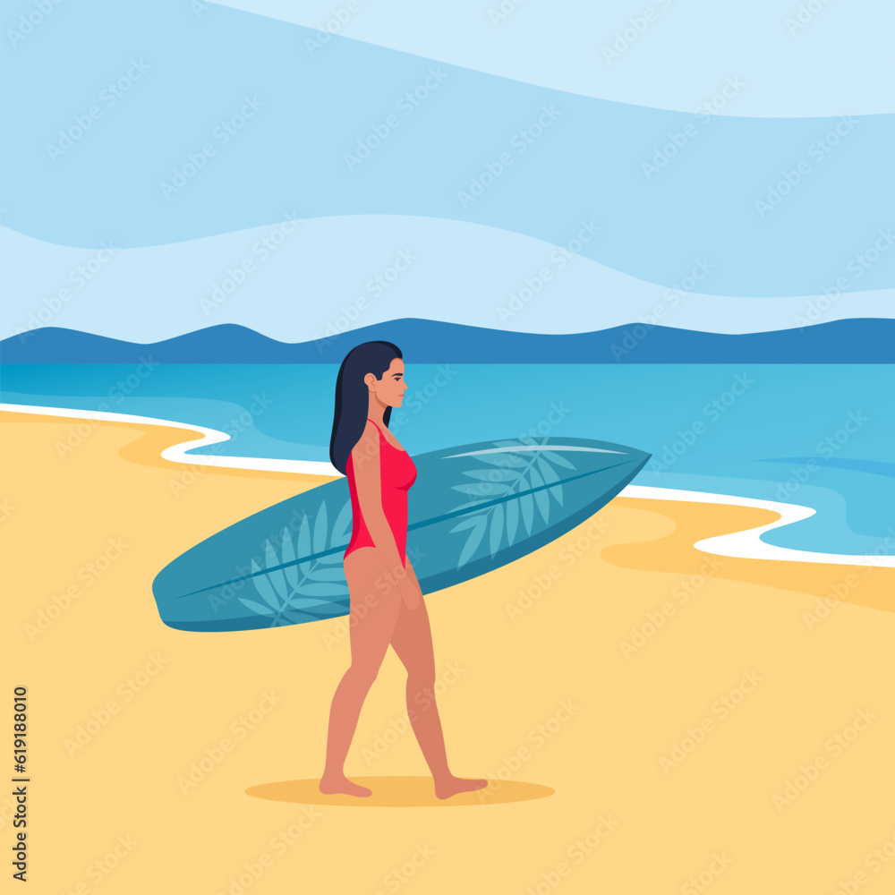 Young brunette walks with a surfboard towards the sea. Vector illustration.