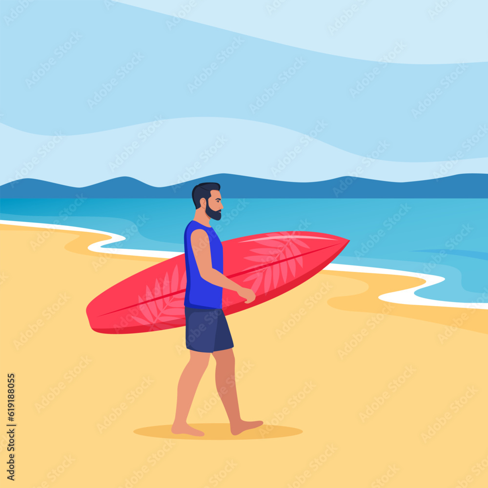 Young man walks with a surfboard towards the sea. Vector illustration.