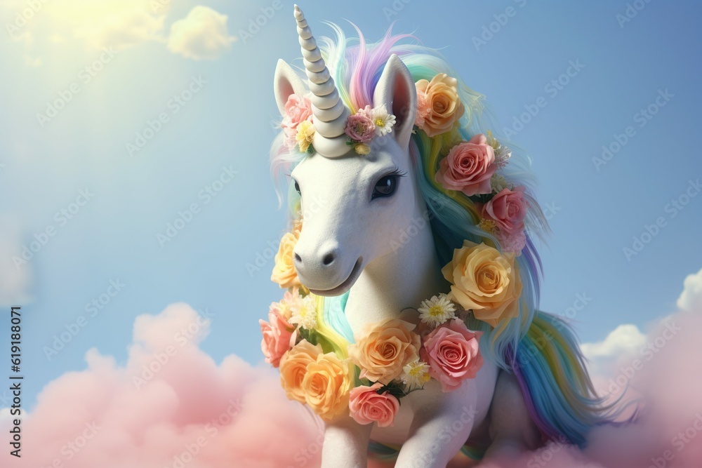Cute rainbow baby pegasus unicorn, with a flower crown and Rainbow colors Hair, kids' pastel color fantasy magic,