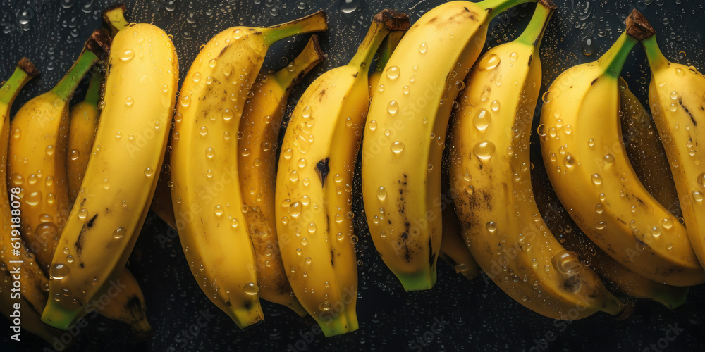 Fresh banana seamless background, adorned with glistening droplets of water. Top down view. AI Generated