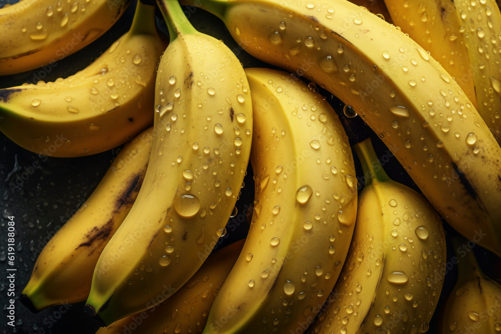 Fresh banana seamless background, adorned with glistening droplets of water. Top down view. AI Generated