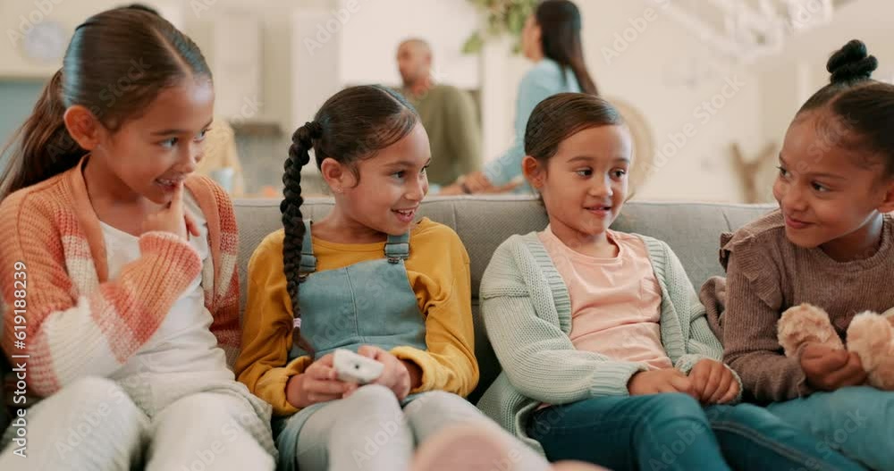 Friends, living room and children play on sofa for bonding, quality time and child development. Love, friendship and happy kids on couch talking, speaking and conversation relax on playdate at home Friends, living room and children play on sofa for bonding, quality time and child development. Love, friendship and happy kids on couch talking, speaking and conversation relax on playdate at home