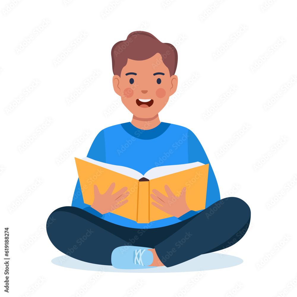 Boy sitting on the floor and reading book. Book lover, reader. Happy kid seating in lotus pose with opened book. Vector illustration. Boy sitting on the floor and reading book. Book lover, reader. Happy kid seating in lotus pose with opened book. Vector illustration.