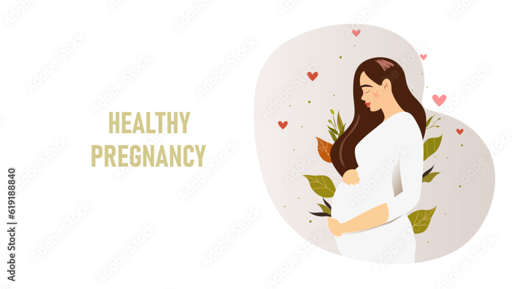Obraz premium Pretty pregnant woman with long hair on the background of green leaves.Pregnancy banner. Concept of pregnancy, motherhood, family. Side view of a pregnant woman's belly.Vector illustration.