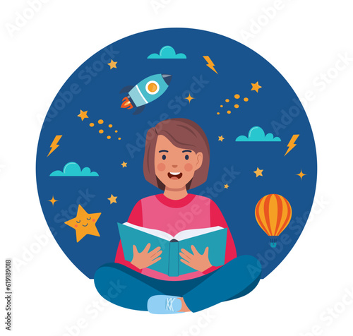 Girl sitting on the floor and reading book. Planet, rocket, star, cloud, aerostat. Education concept for kids. Knowledge, creativity, discoveries. Educational banner. Back to school. Vector.