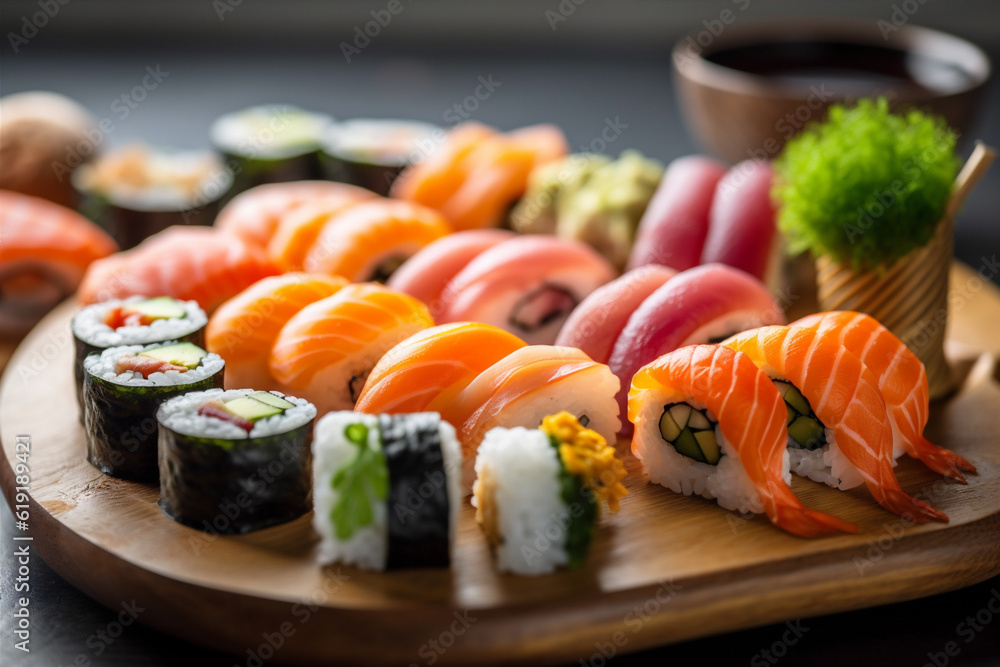 meal sushi japan roll set seafood japanese rice fish food. Generative AI. meal sushi japan roll set seafood japanese rice fish food. Generative AI.