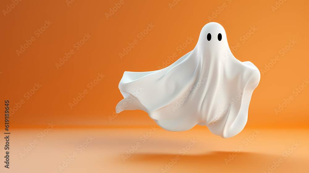 Naklejka premium Excited white ghost sprinting, playful Halloween character on a vivid background, space for text, generative ai