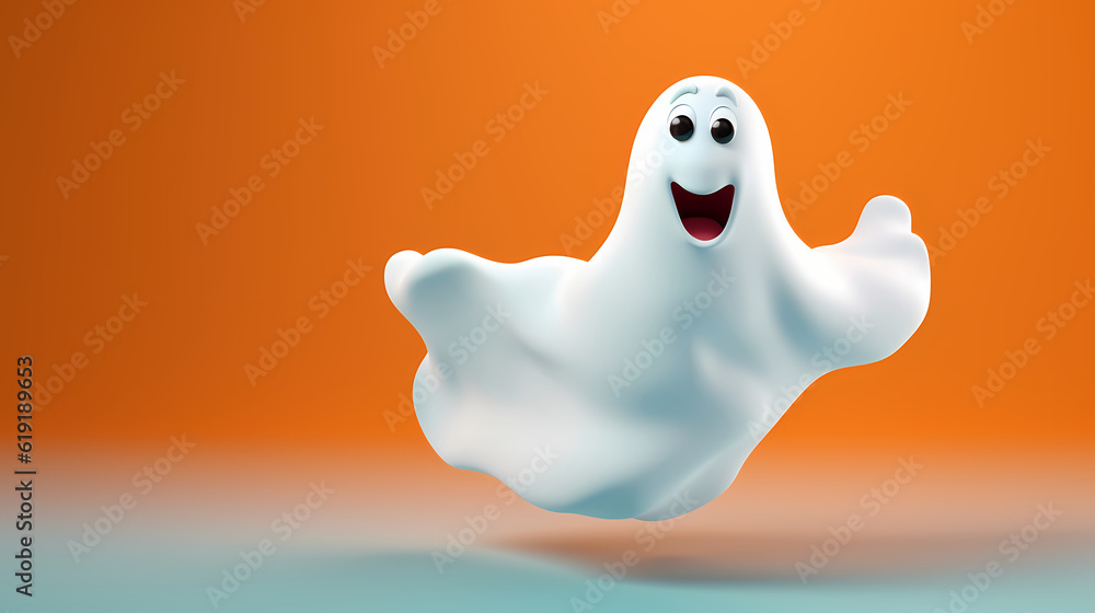 Excited white ghost sprinting, playful Halloween character on a vivid background, space for text, generative ai Excited white ghost sprinting, playful Halloween character on a vivid background, space for text, generative ai