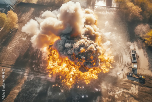 Aerial view of Freight fuel truck explosion with fire and smoke. Generative AI illustration photo