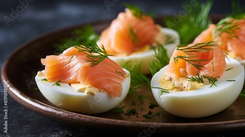 Boiled eggs stuffed with yolk and fish, low-calorie cold appetizer stuffed with protein food, serving for the festive table. Generative AI 